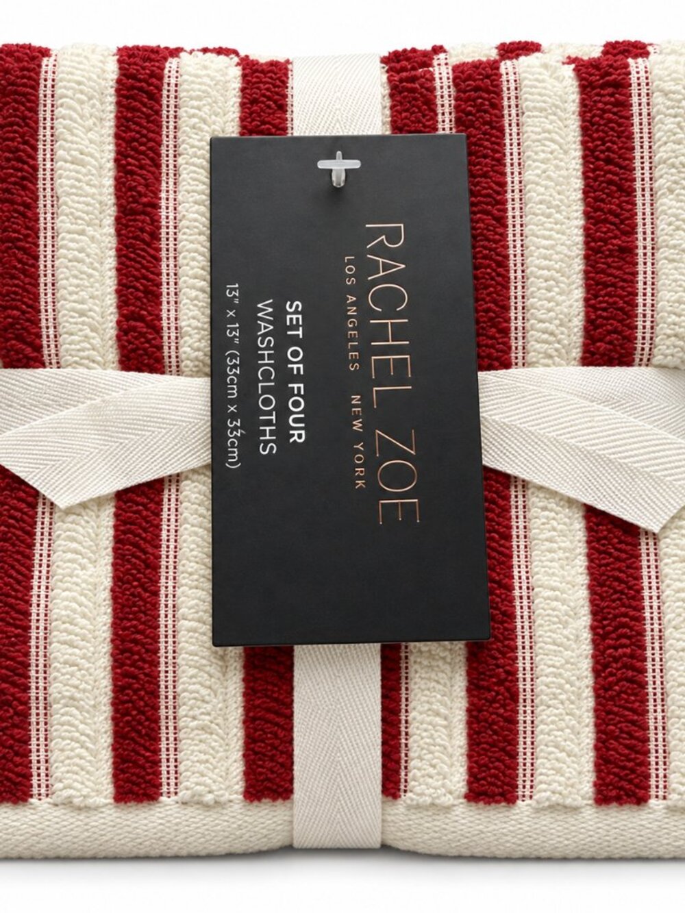 Rachel Zoe Facecloths Washcloths Soft Cotton 13x13" Striped Red Cream Set of 4